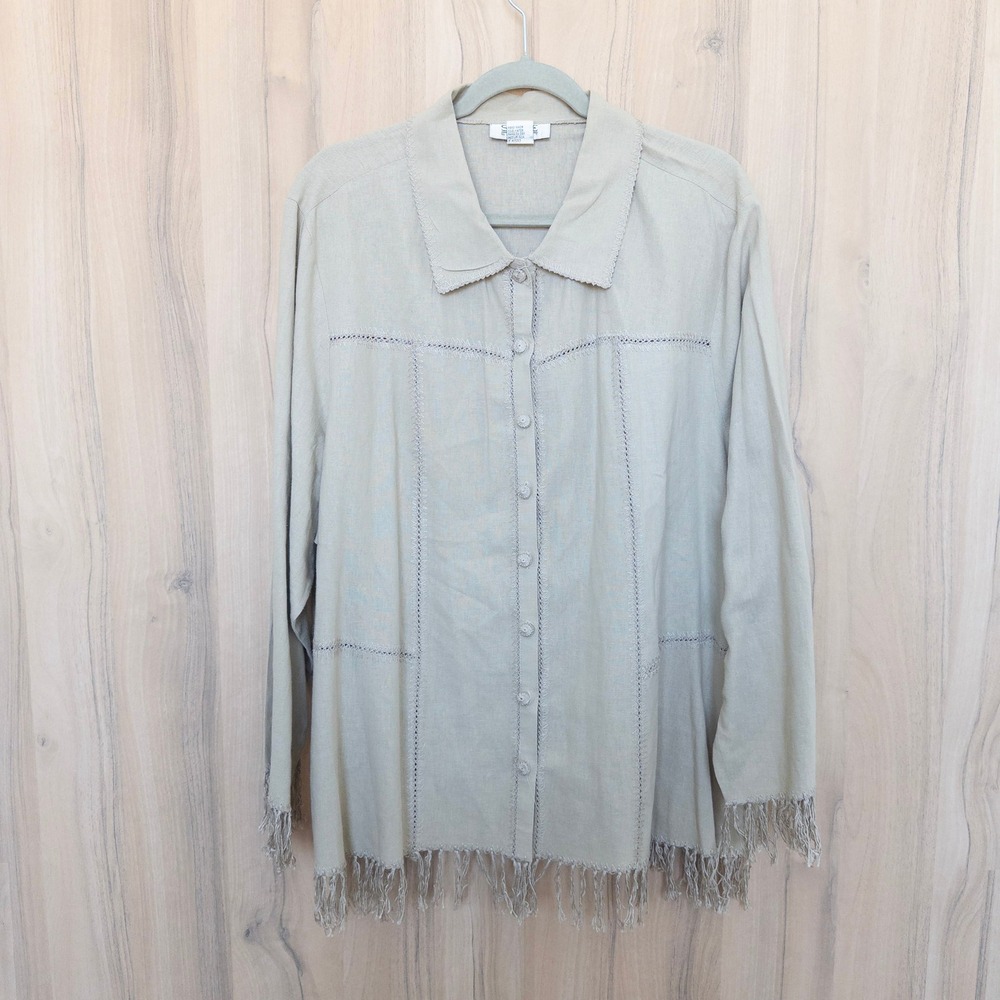 VTG‎ Selene Sport Womens Linen Button Down Shirt Size 2X Beige Fringe Cottage
